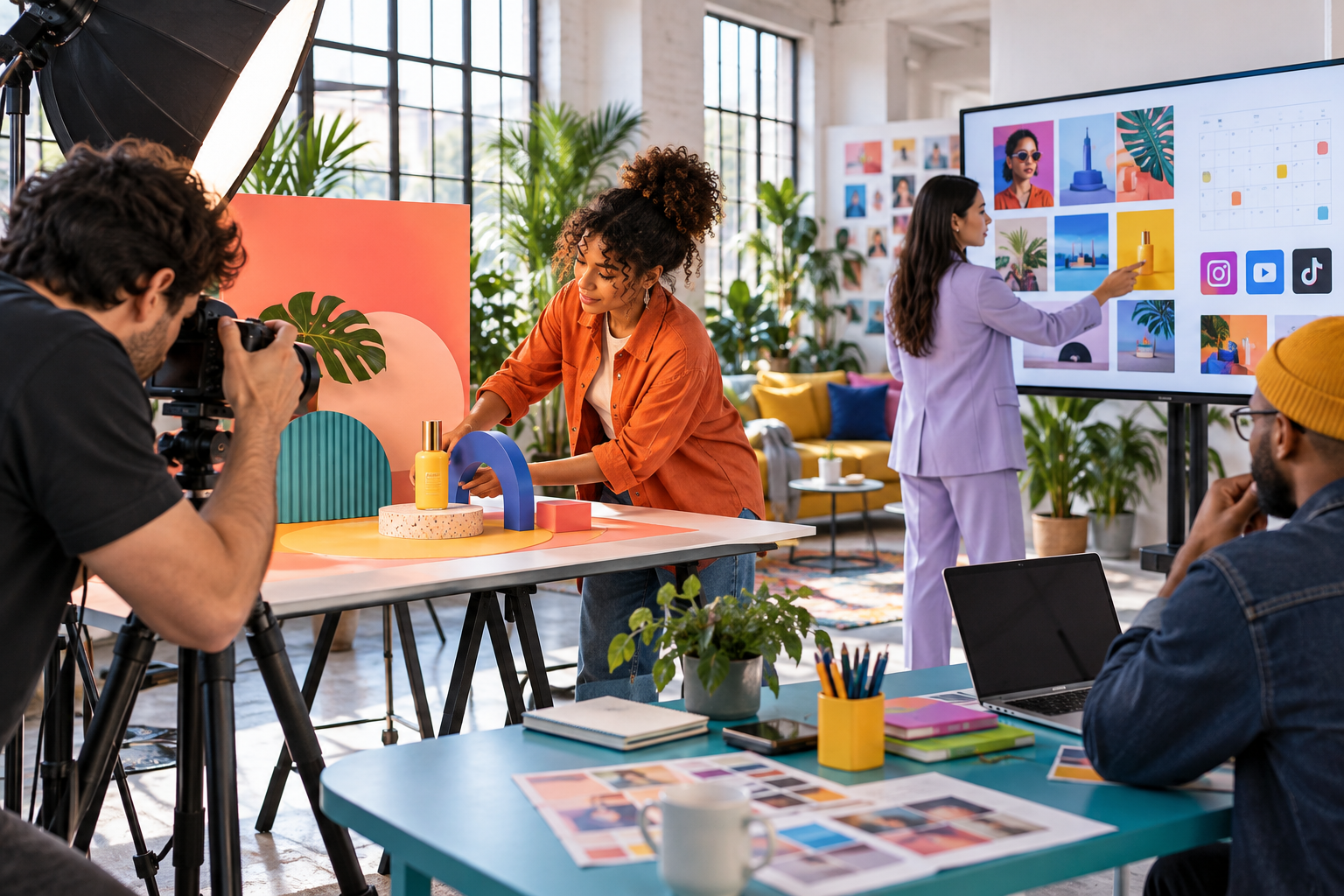 Creative team producing colorful digital campaign content