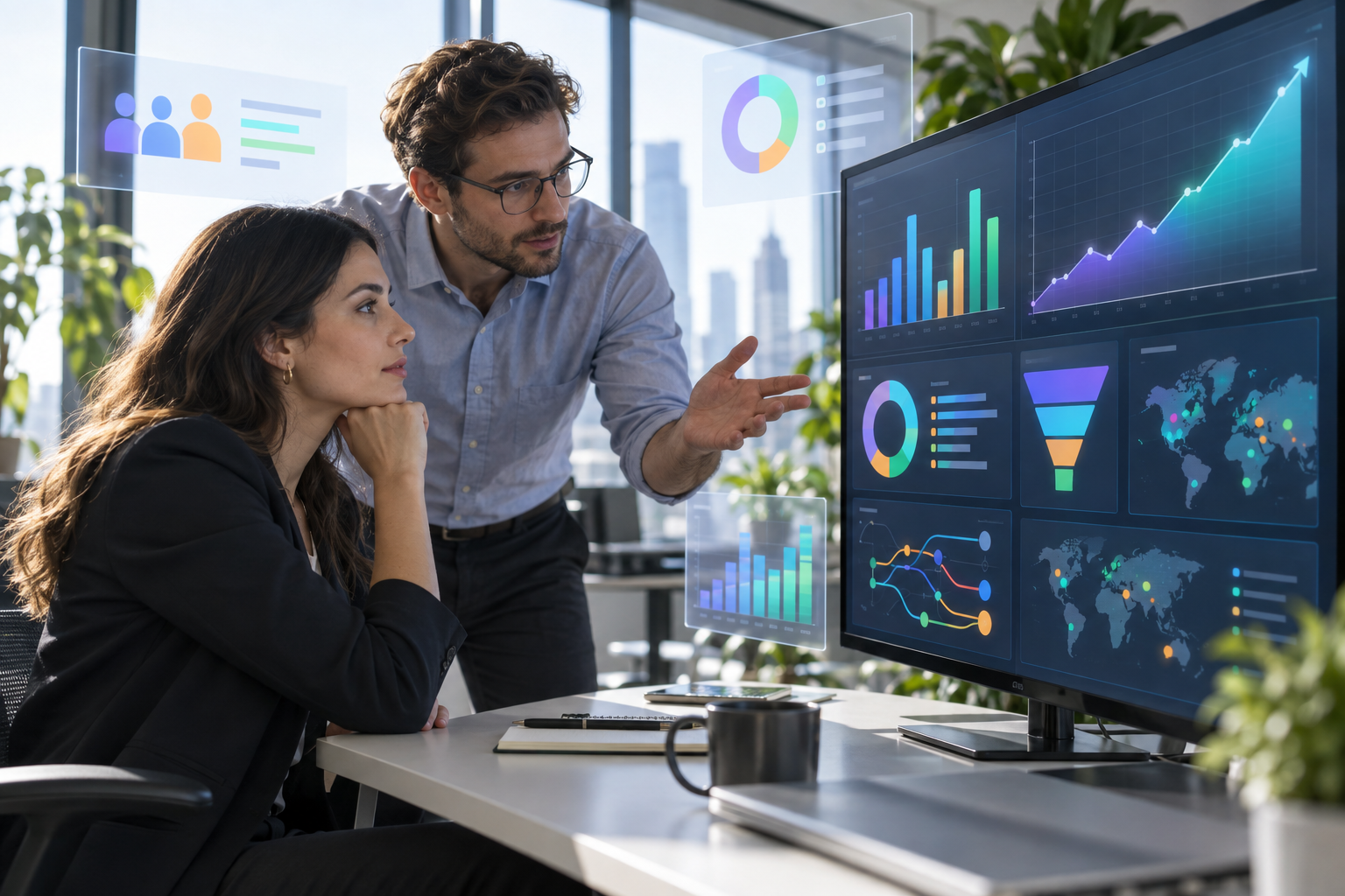 Marketing analysts reviewing campaign performance and conversion data