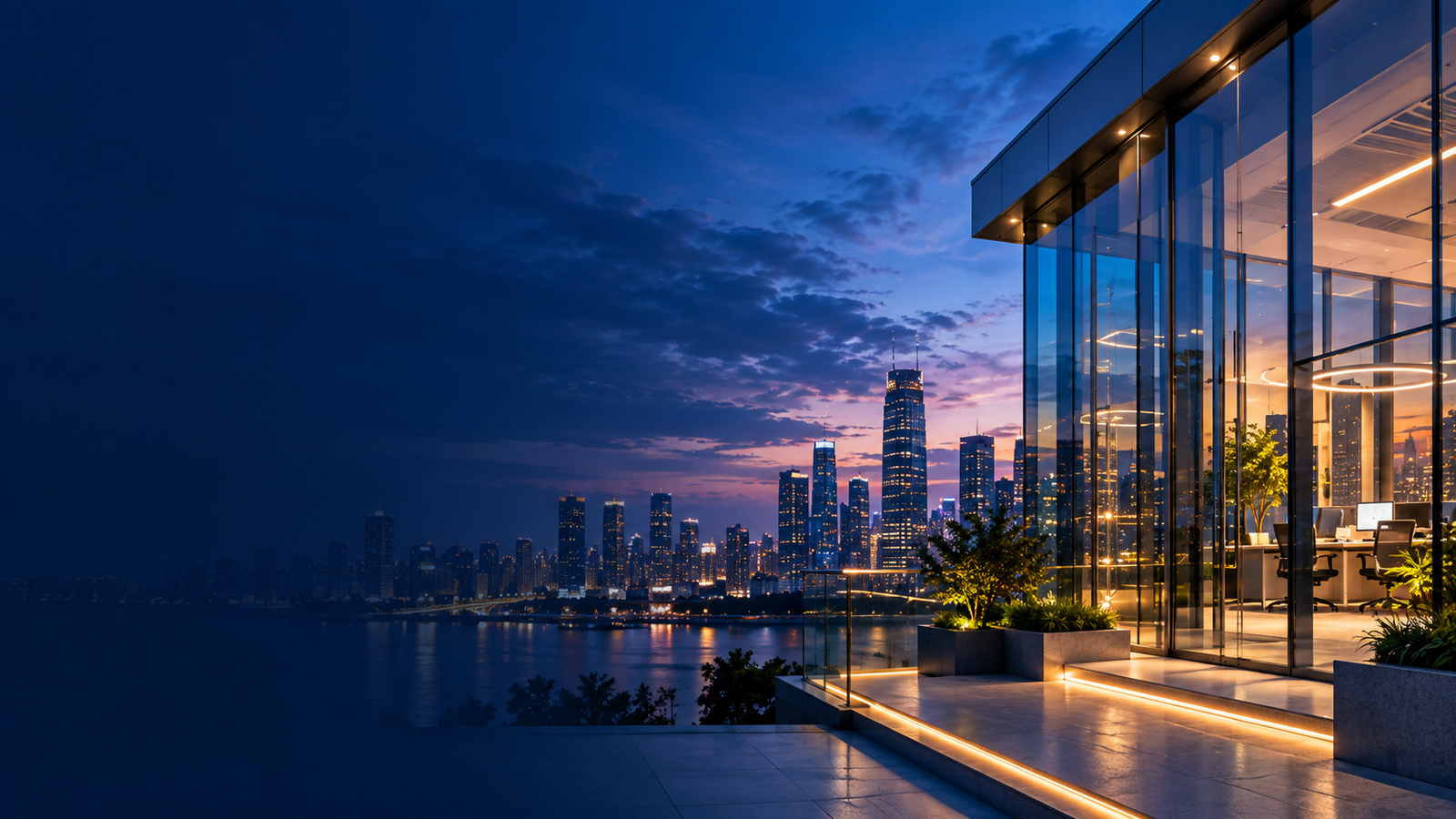 Modern technology office overlooking a city skyline